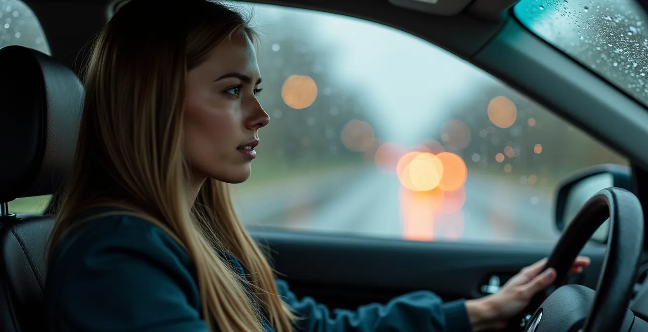 Portrait d'un conducteur concentré au volant sous la pluie, mains positionnées correctement