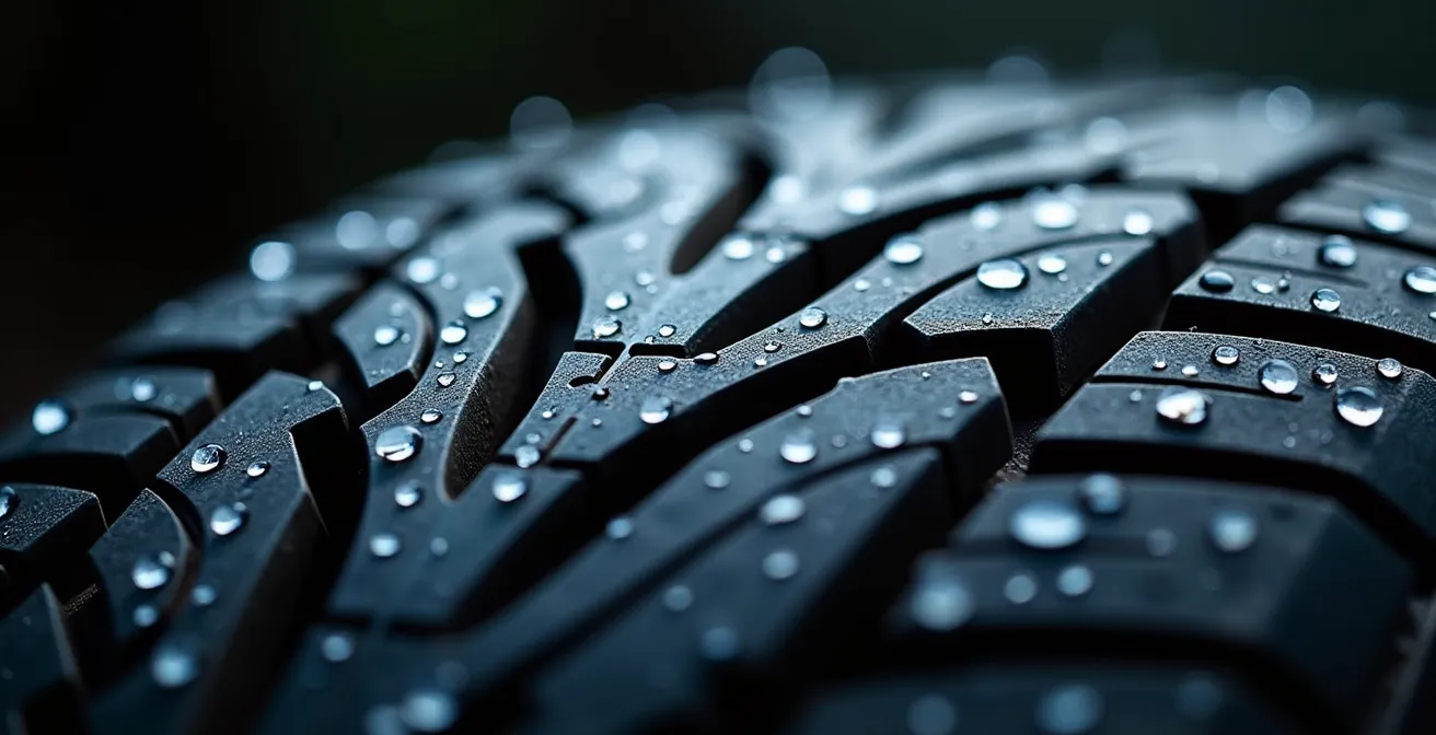 Vue macro détaillée des sillons centraux d'évacuation d'eau d'un pneu avec gouttes d'eau