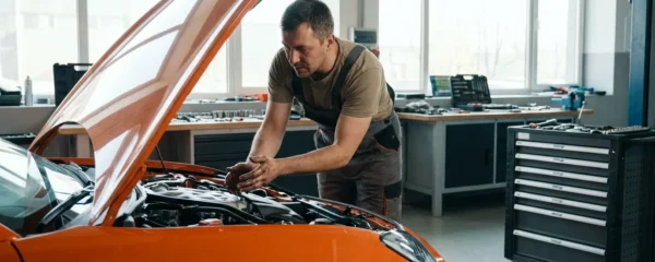 Technicien spécialisé inspectant le moteur d'une supercar orange en atelier