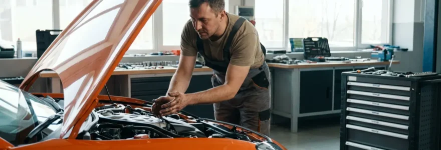 Technicien spécialisé inspectant le moteur d'une supercar orange en atelier
